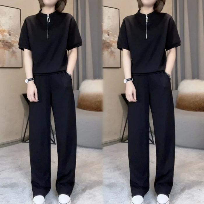 Button-down Casual Sports Outfit for Women, Summer Fashion Set, Straight-leg Pants, Loose Fit, Slimming Two-piece Set