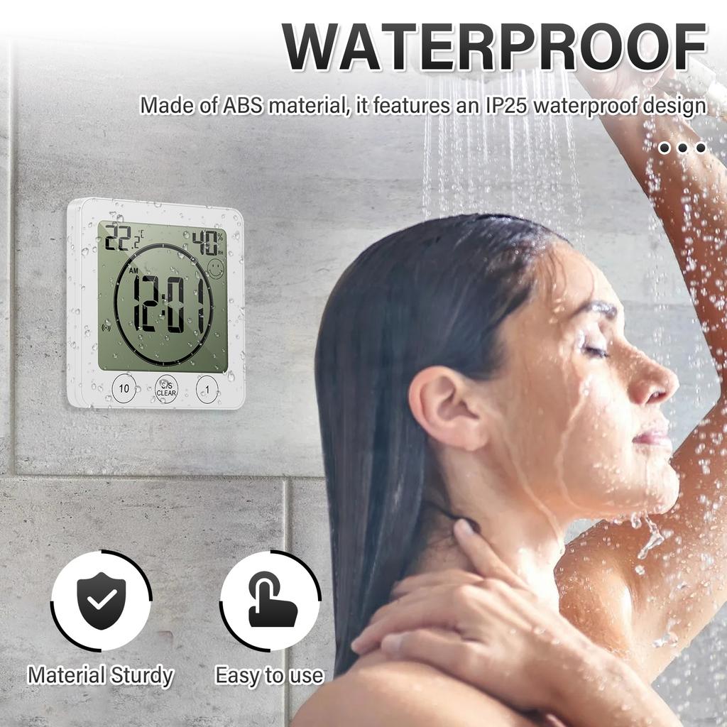 Digital Bathroom Wall Clock Shower Timer Waterproof For Water Spray LCD Screen Watch Temperature Humidity Clock For Shower Room
