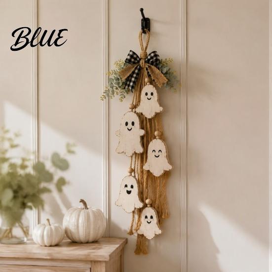 Seasonal Indoor Hanging Ornament Halloween Rustic Ghost Wall Decor with Wood Beads & Hemp Rope Farmhouse Tiered Layered Display Pendant for