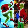 Green-haired Monster Grinch Santa Costume with Fur Pants - Halloween Bestseller