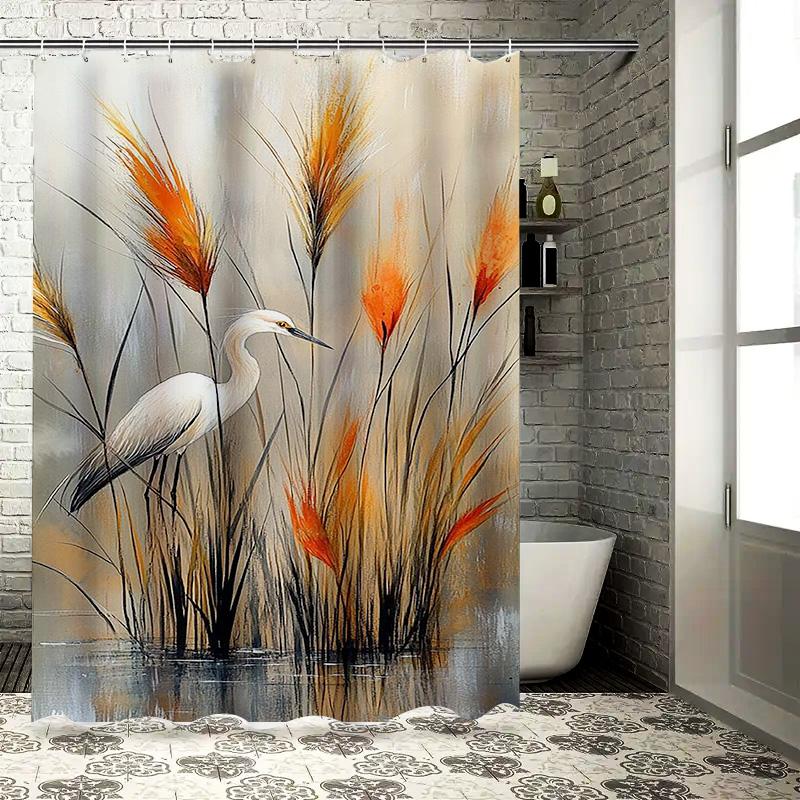 Artistic White Egret and Orange Reeds Waterproof Shower Curtain Heat Resistant Machine Washable Non-Transparent 180x180cm