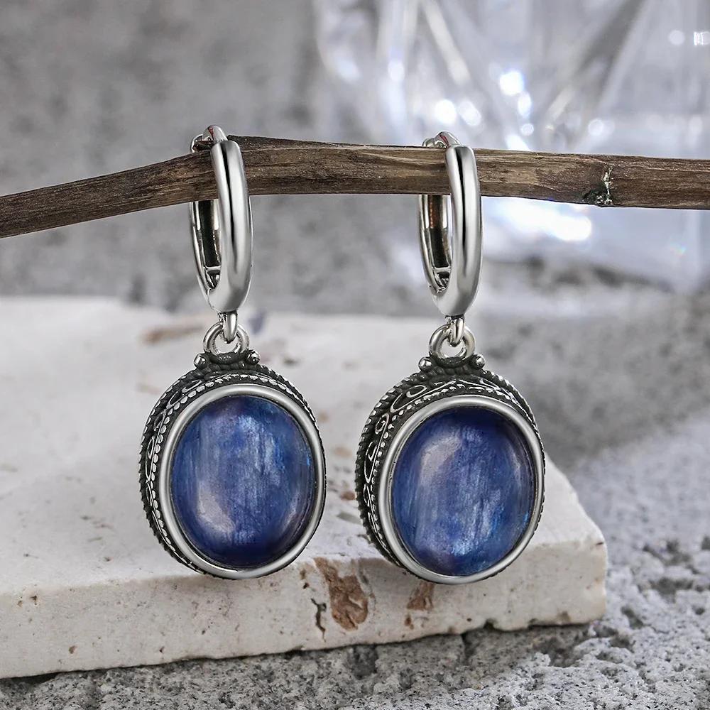 Vintage 925 Silver Natural Labradorite Earrings with Blue Light 10*12mm Big Stone Hoop Earrings Fine Jewelry for Women