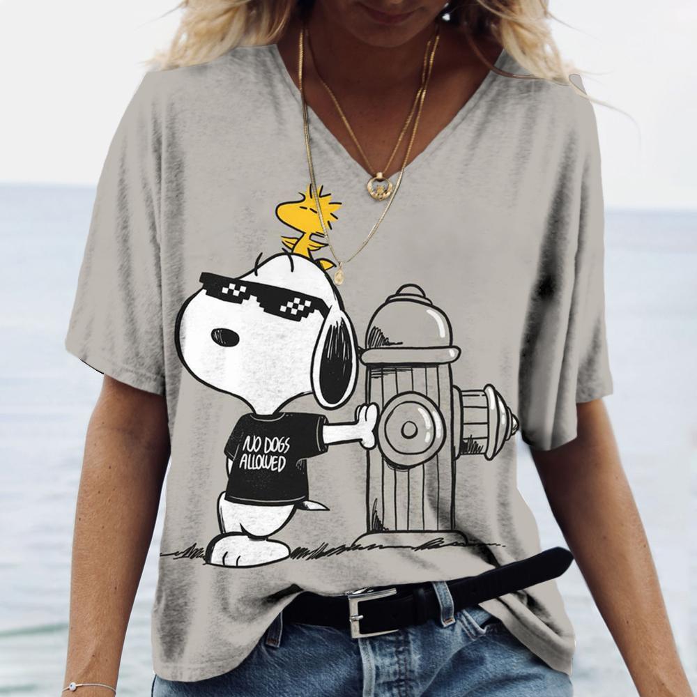 Dámská trička Disney Snoopy 3D potisk Nová V-výstřih Krátký rukáv Letní Ležérní Dámské oblečení Harajuku Y2K Hip Hop Oblečení