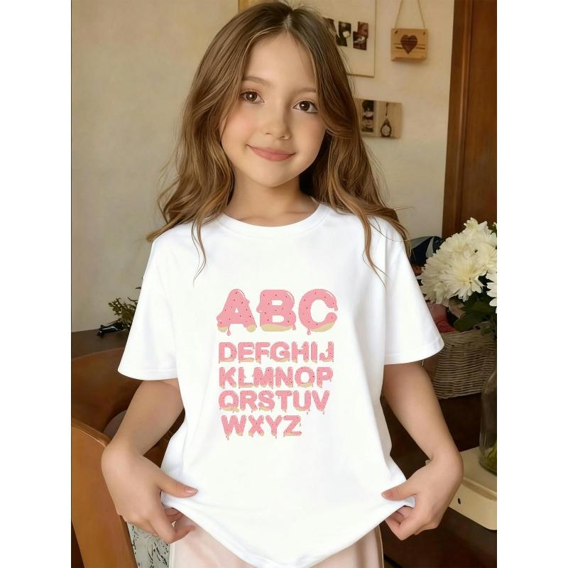 

European Size Girls Round-neck Short-sleeved T-shirt with Cute Cartoon Letter Print 164cm