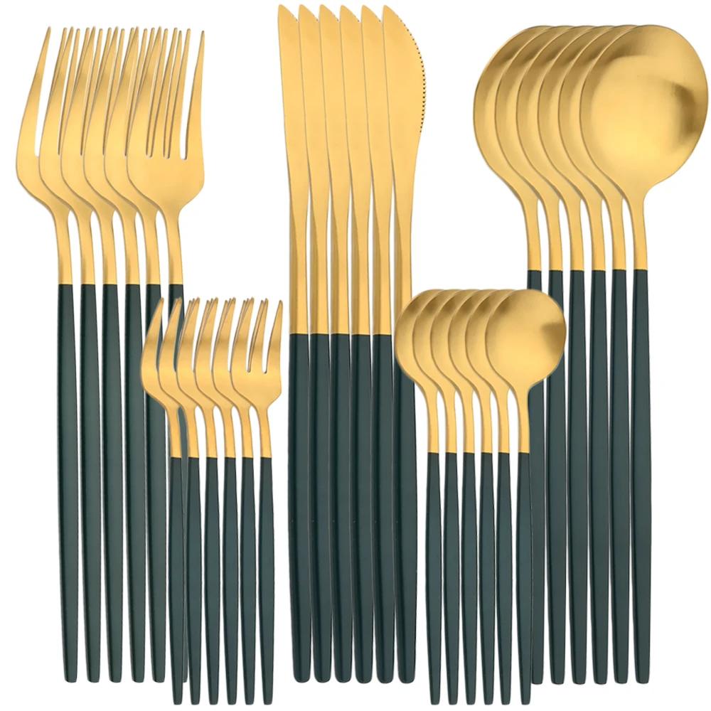 30Pcs Dinnerware Set Matte Gold Cutlery Set Stainless Steel Flatware Cake Fruit Fork Kitchen Knife Fork Spoon Tableware Set