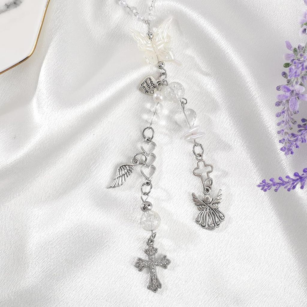 Angel Cross Rear View Mirror Charm - Crystal Angel Wing Pendant Hanging Chain, Religious Cross Car Suncatcher Ornament, Spiritual Car Interior Decor