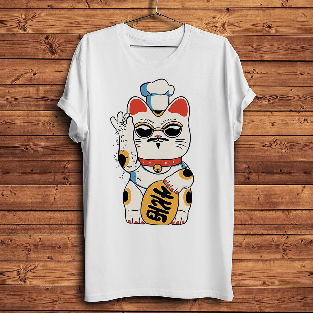 Lucky Chef Cook Maneki Neko Cat Funny meow TShirt Homme O-neck Short T Shirt Streetwear Unisex