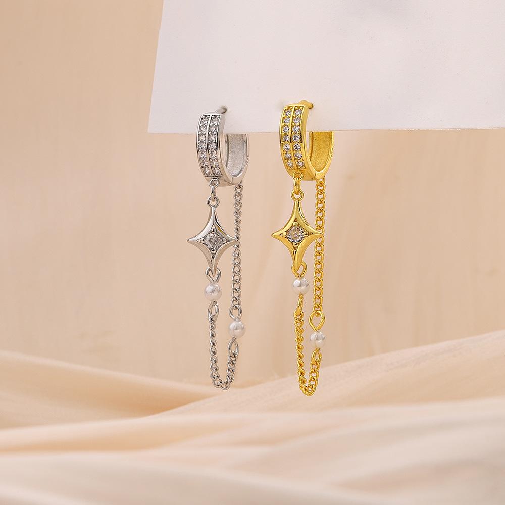 Diamond-Encrusted Four-Star Earrings Long Chain Pearl Earrings Internet Celebrity Fringed Cross Star Ear Buckle
