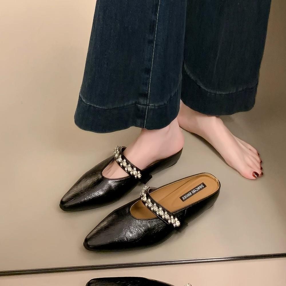French Outer Wear Niche Rhinestone Bag Head Half Slippers Women's Shoes 2025 New Summer Height Increase Muller Cool Slippers