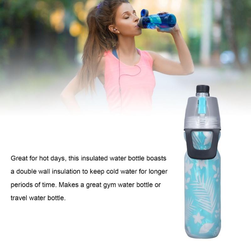 PE Misting Water Bottle Spray Mist Sports Water Bottle Reusable Cooling Drinking Bottle With Double Wall Insulation Carry Loop