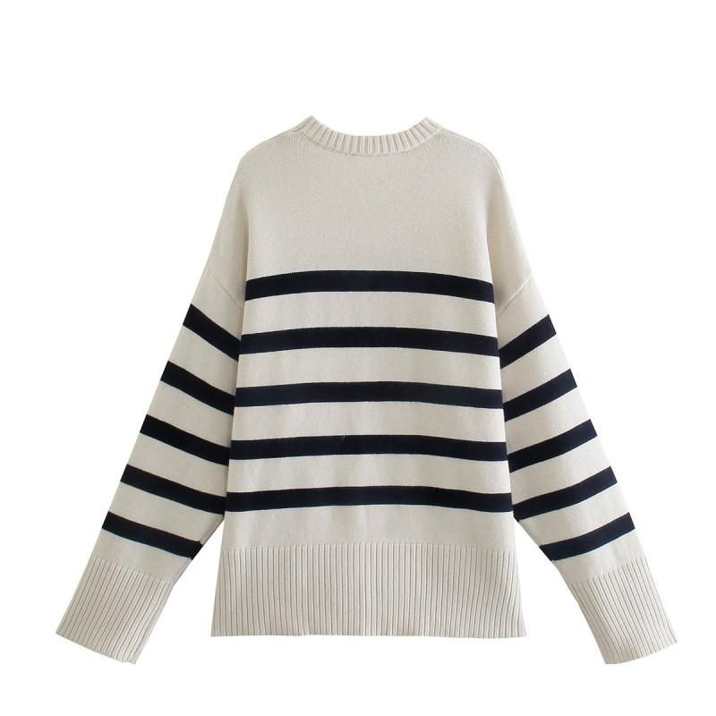Womens Striped Long Sleeve Round Neck Knit Sweater Loose Fit Street Style Acrylic Pullover