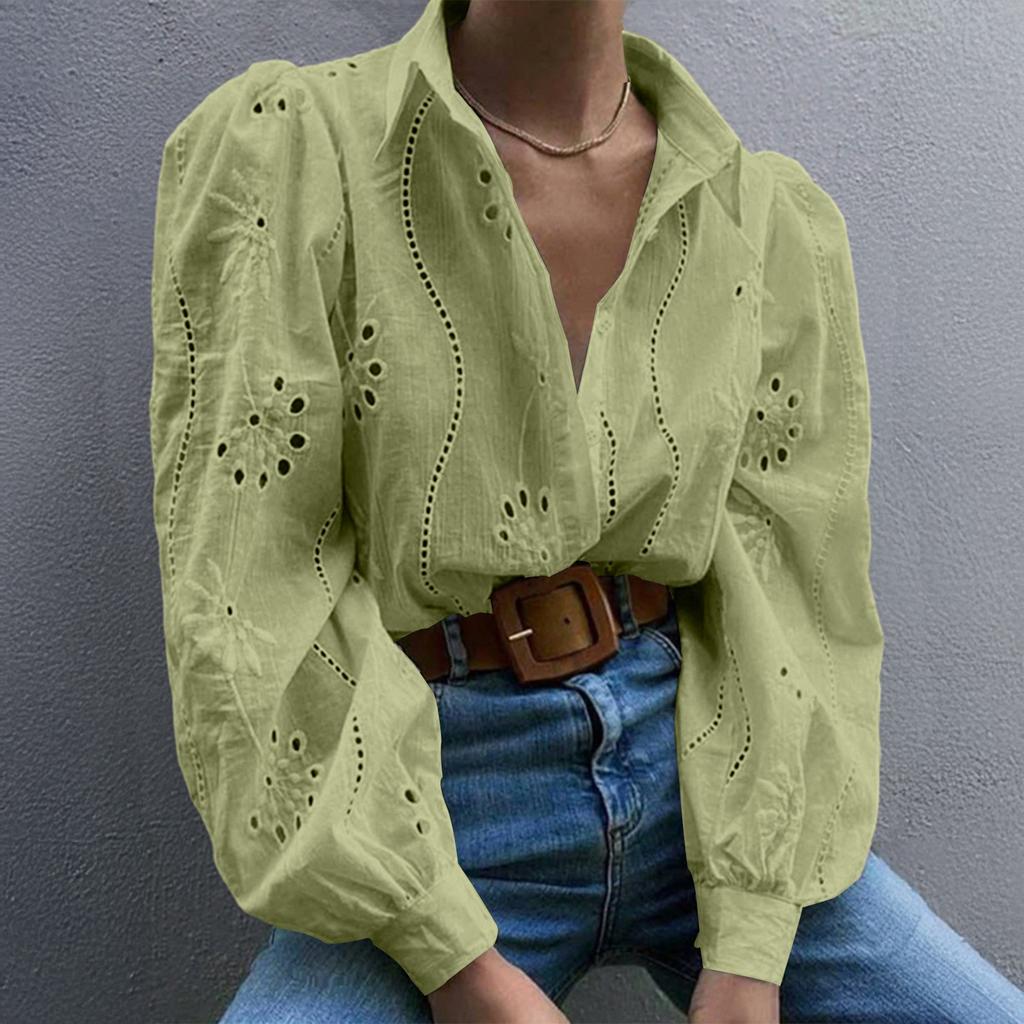 Women's Fashion Casual Hollow-Out Puff Sleeve Solid Color Long-Sleeve Top