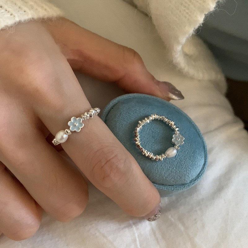 Bague Irrégulière Perle Émail Bleu Drip pour Femmes, Plaqué Argent S925, Bague Déclaration de Mode de Luxe