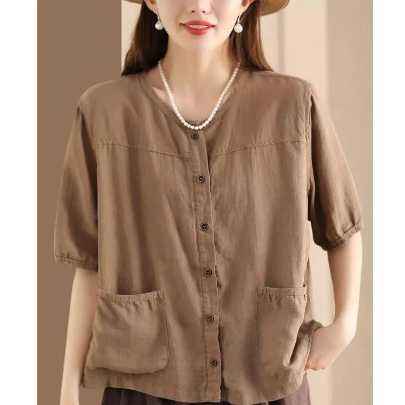 

Women s 2024 Summer Cotton Linen Mid-Sleeve Cardigan Shirt - Casual, Slimming, Single-Breasted Design XL (115-130 jin)
