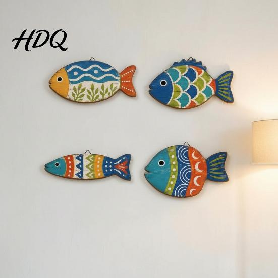 Distressed Nautical Wall Hanging 4PCS Coastal Themed Fish Decoration Bohemia Colorful Pattern Print Rustic Wood Decorations Plaques Decorative