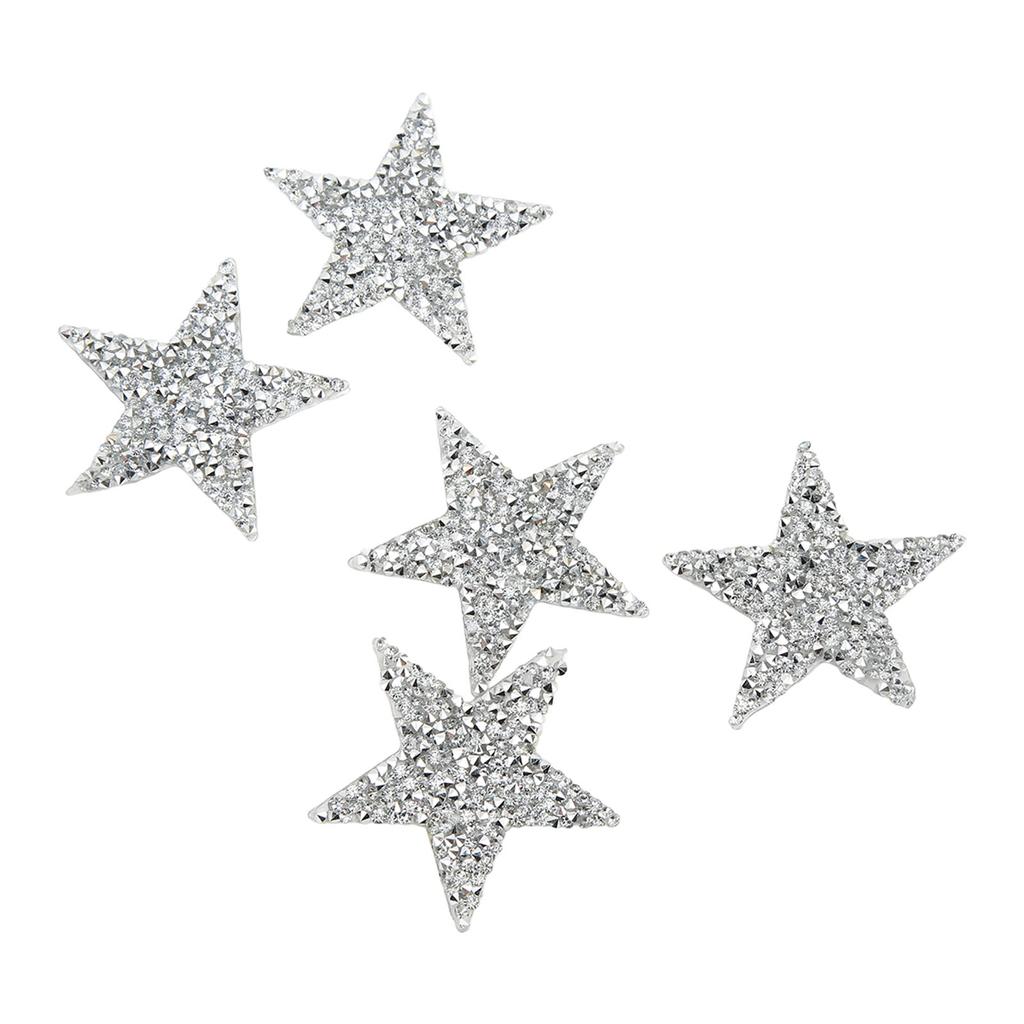5 Pcs Star Iron On Patches 6cm Silver Resin Shiny Rhinestone Five Pointed Star Hot Melt Adhesive