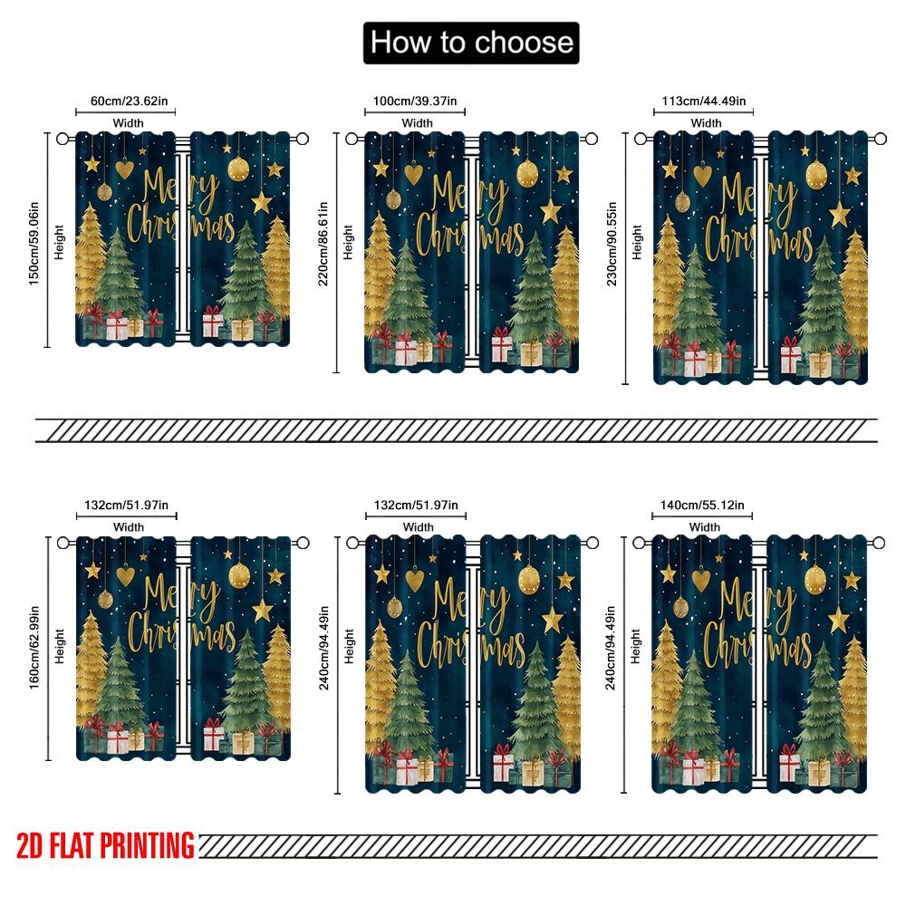 2pcs,2D Plane Printing Pattern Curtains Christmas Pine Trees Polyester Easy Install (without Rod) Versatile All Perfect for