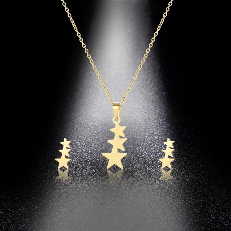 RUI RUI YU New Fashion Ladies Stainless Steel Sleeve Chain Pentagram Pendant Necklace Earrings Set Three-piece Collarbone Chain