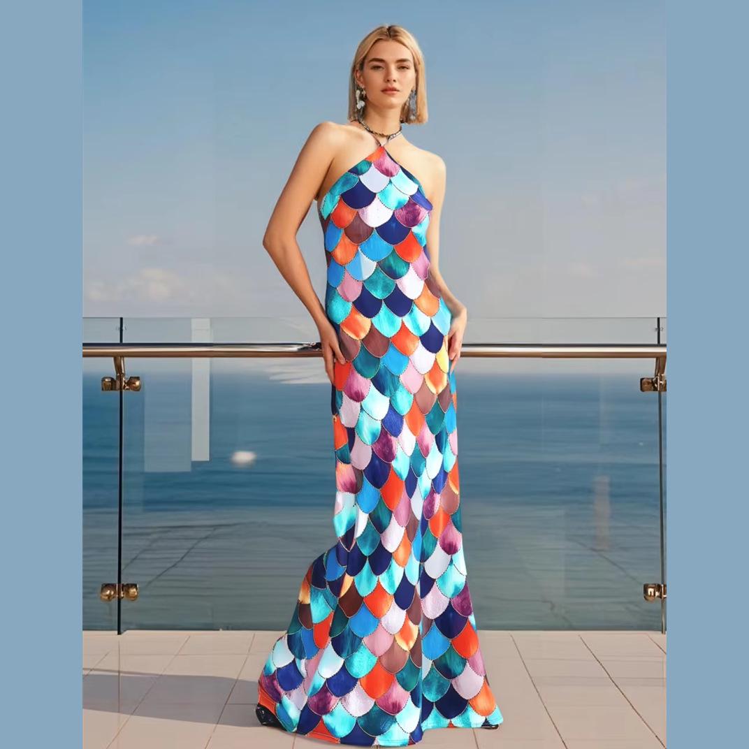 

2025 Spring/Summer Women s Sexy Satin Print Halter Sleeveless Dress Small синий