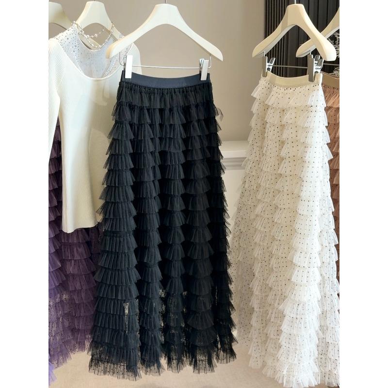 

Layers of fluffy polka dot mesh cake skirt women s spring and autumn high waist and thin A word super fairy gauze skirt medium and long skirt One size fits all чорний