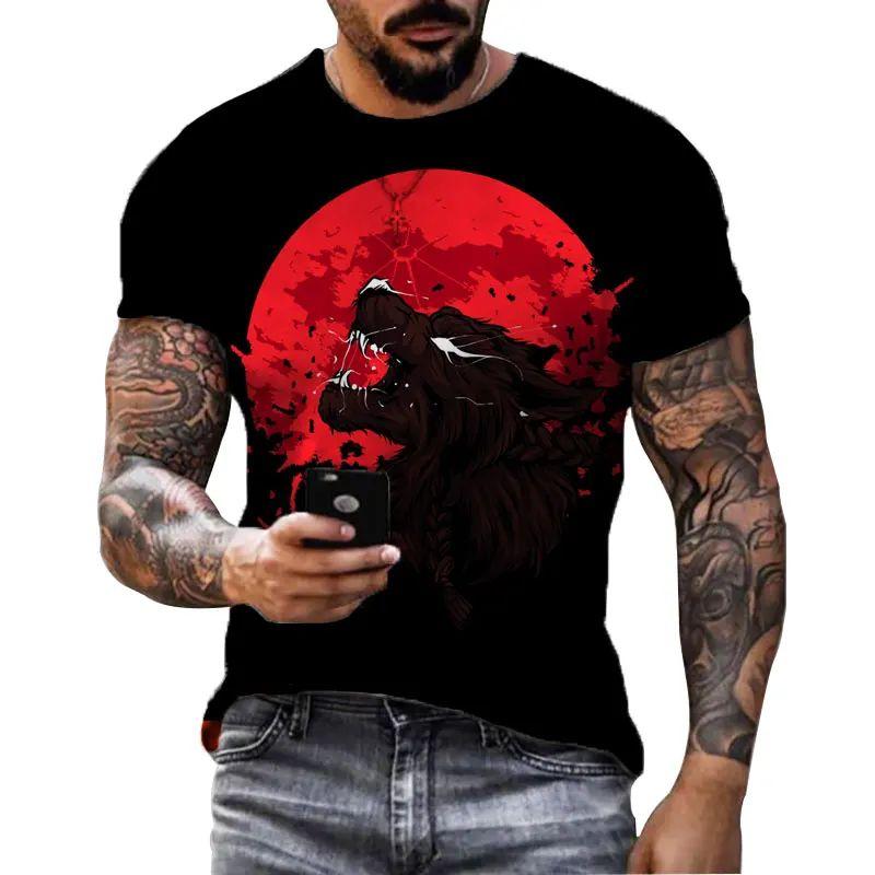 Summer Men Fun Daily Loose Wolf Pattern 3d Printed O Collar Short Sleeve T-Shirt Personality Street Plus Size Breathable Top