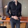 Men's Slim Fit Black Long Sleeve Shirt with White Trim and Embroidery Detail Casual Business Shirt