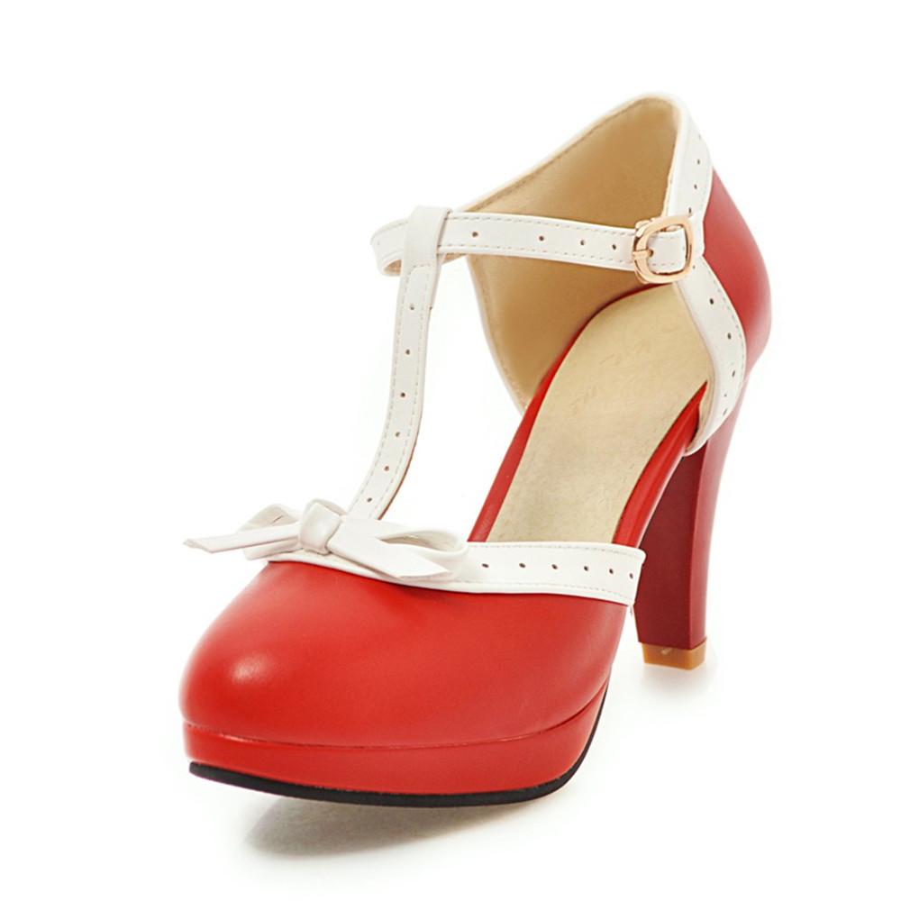 Fashion Women's T Strap High Heels Round Toe Heel Pumps Women Platform Pumps Bow Party Wedding Shoes Chaussures De Femme Size 33-48