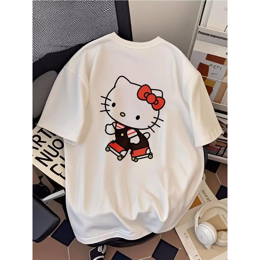 

Sanrio Hello Kitty Roller Skating Girls Printed Womens Black and White Short Sleeved Tshirt Vitality Sweet Loose Casual Top S