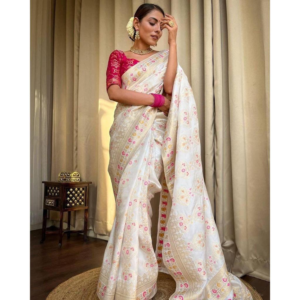 Silk Saree from the ALMAARI Store Is Adorned with Beautiful Zari Work In Form of Traditional Motifs.