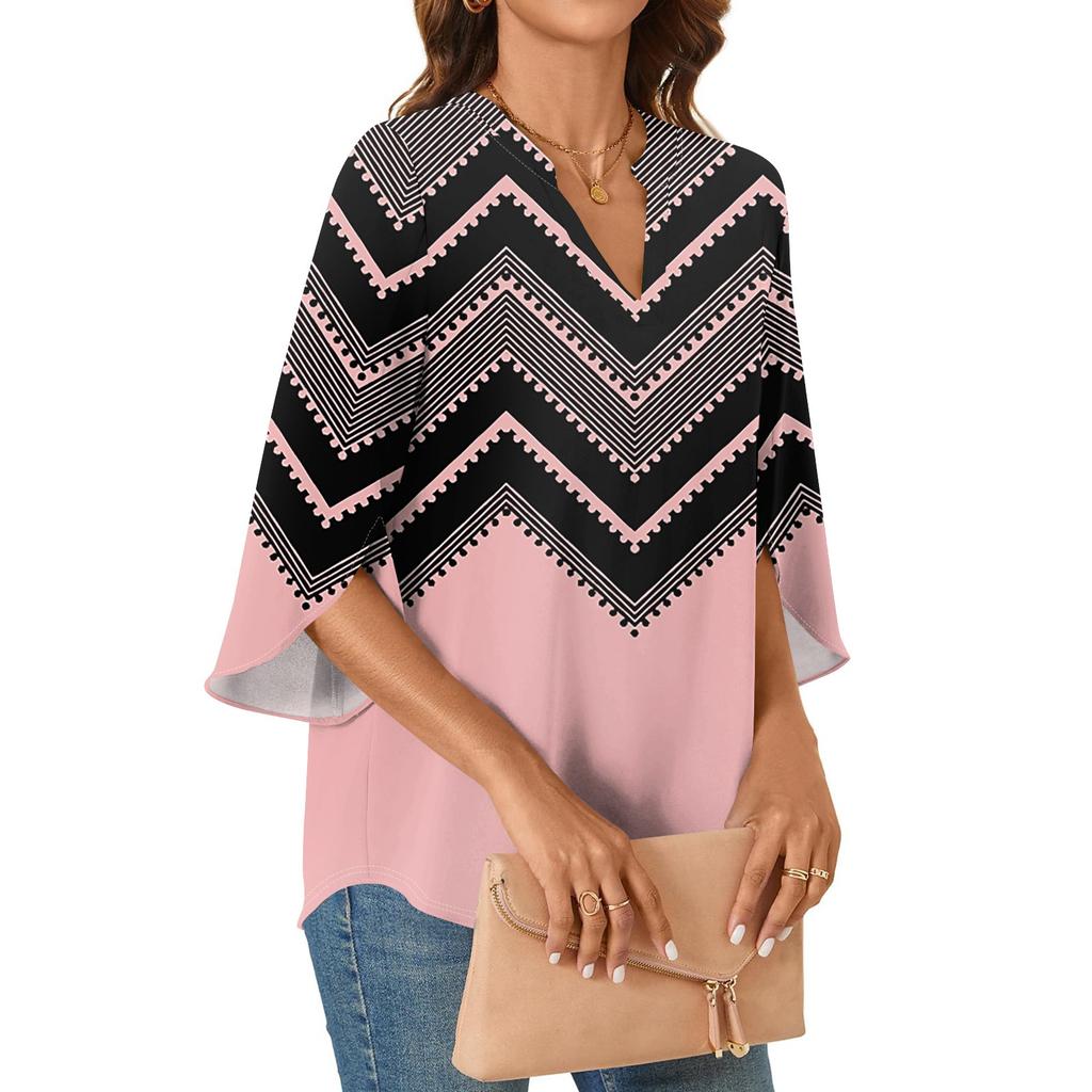 Womens Tops 3/4 Tiered Bell Sleeve V Neck Stripes Printed  Blouses Work Tunic Shirts