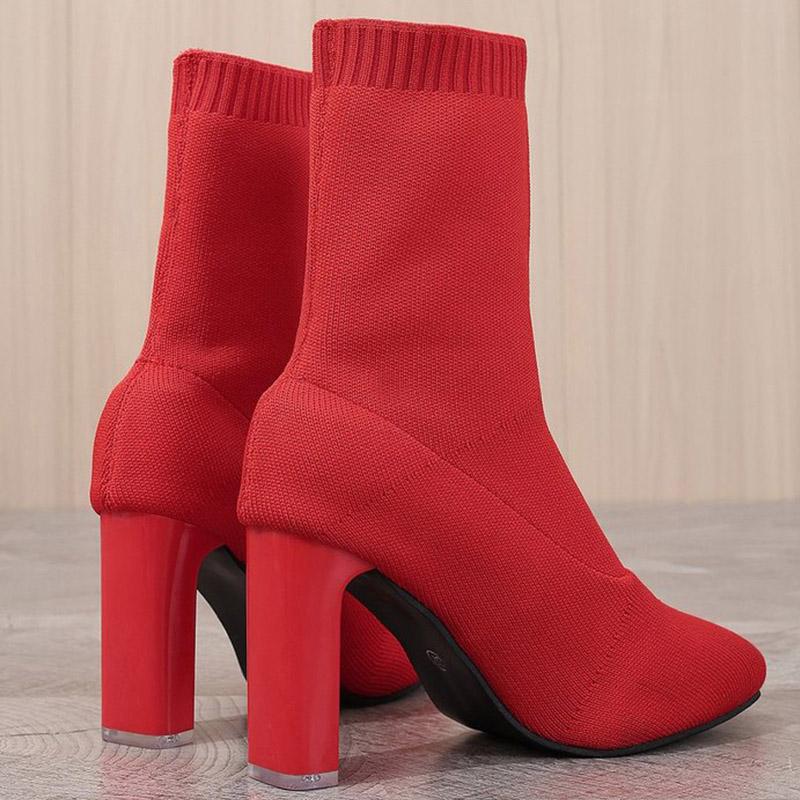 SyfIyno New Wine Red Black Womens Boots Pointed Toe Shoes Elasticity Knitting Short Spring Autumn Shoes Elegant High Heels Shoes