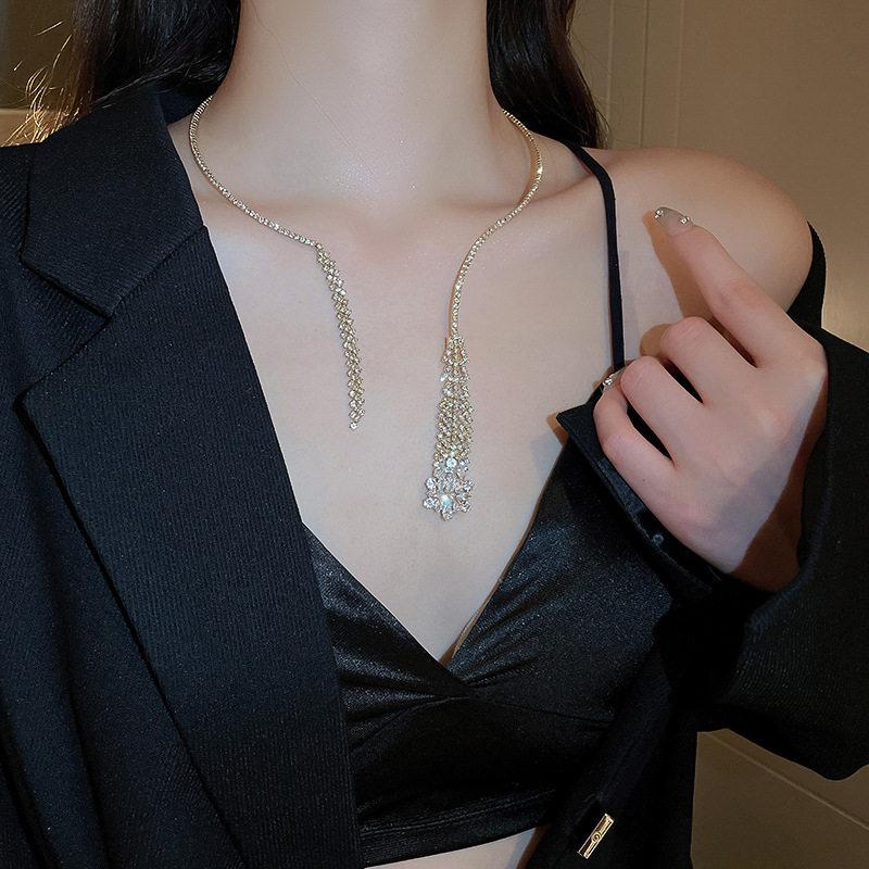 Elegant Zircon Water Drop Tassel Necklace: Double-Layer Light Luxury Collarbone Chain