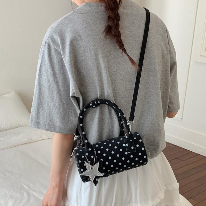 French Vintage Polka Dot Shoulder Bag for Women Sweet PU Leather Crossbody Bag Underarm Pillow Bag with Star Pendant
