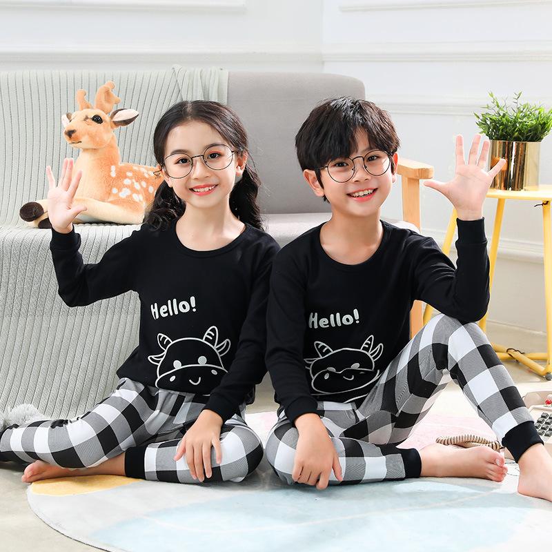 New Kids Boys Girls Autumn Cotton Pajamas Cute Cartoon Print Long Sleeve T-Shirt Tops + Pants Sets Baby Sleepwear Clothing