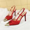 Summer Banquet High Heels Thin Heels Satin Bow Color-Blocked Pointed Toe Women's Shoes With Empty Back Trip Straps Single Shoes