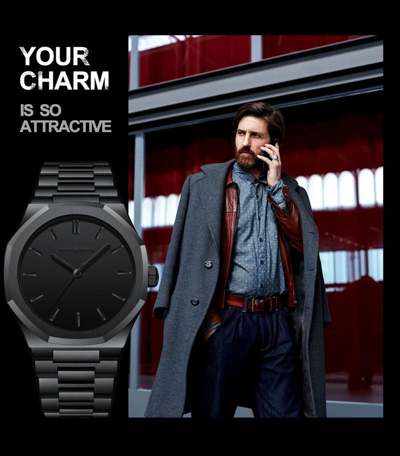 Hannah Martin Black Waterproof Watch with Japanese Miyota Movement and Polygonal Stainless Steel Bracelet.