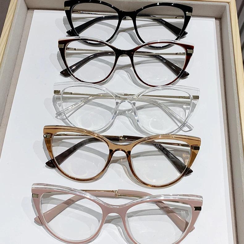 0 -0.5 -0.75 Lichtempfindliche Myopie-Brille Cat Eye Anti-Blaulicht Flacher Metallrahmen für Damen Herren