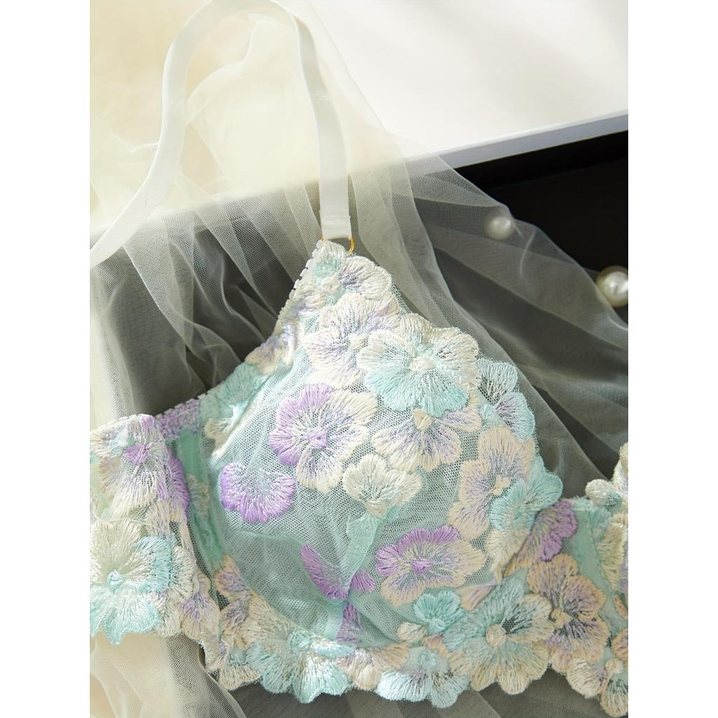 Floral Lace Lingerie Set, Push Up Bra & Thong, Women's Sexy Lingerie & Underwear