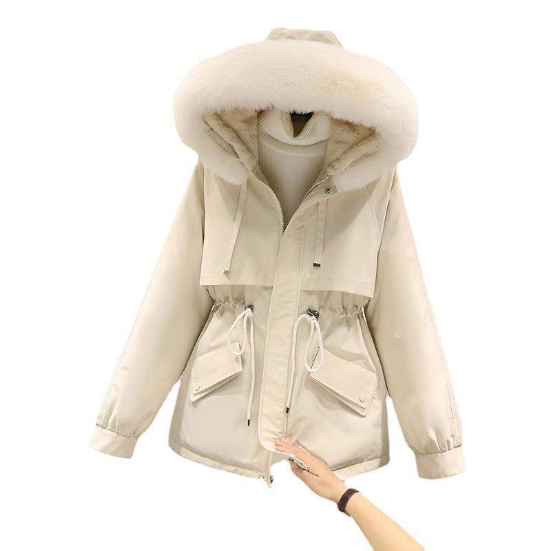 Big fur collar hooded pie overcomes women's autumn and winter drawstring waist pocket thermal cotton clothes