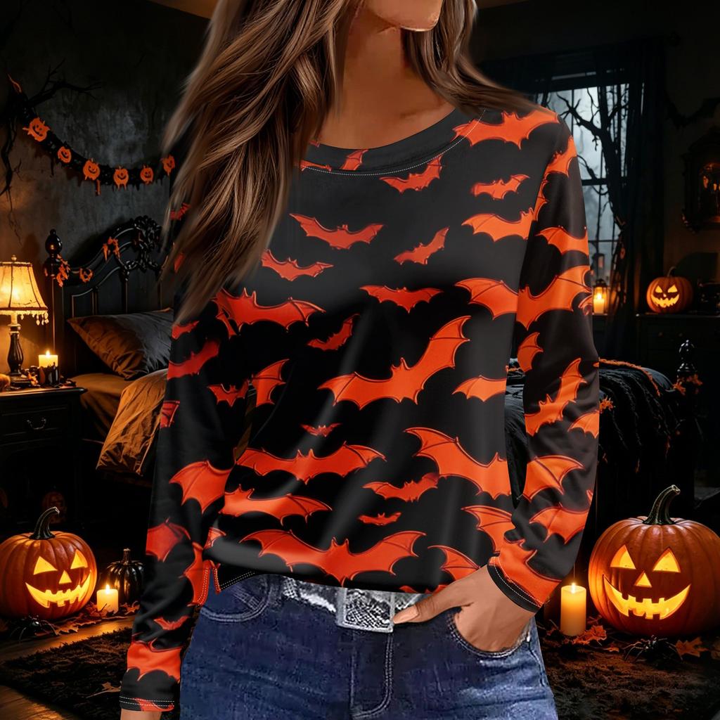 Women's Round Neck Long Sleeve Top with Halloween Print and Side Slit for Fall Festive Occasions