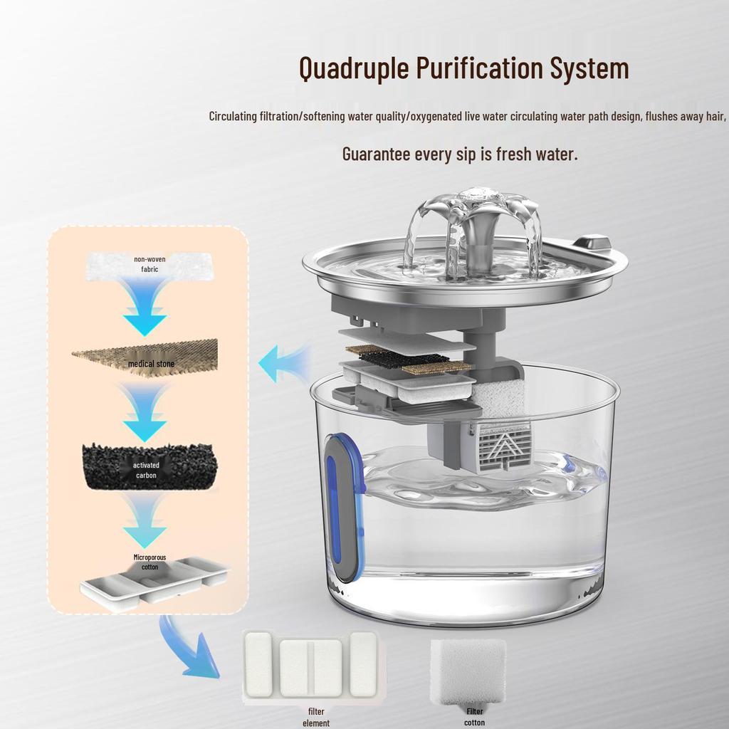 TEMU Smart Stainless Steel Pet Water Fountain - Silent Automatic Cat Water Dispenser