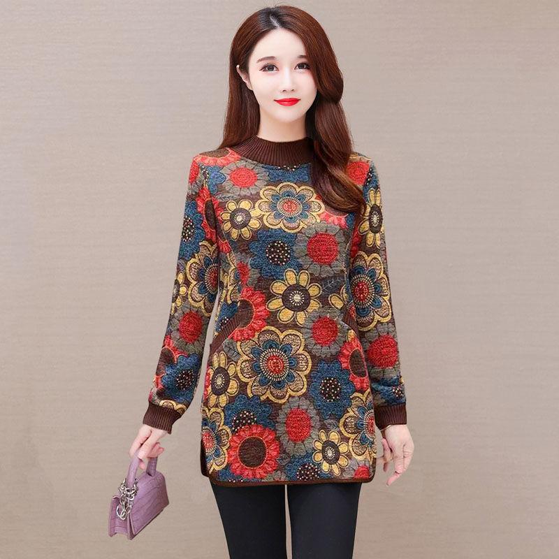 Compound Fleece Thickened Winter Wear Middle-aged and Elderly Long-sleeved T-shirt Mother Wear Stomach Cover Foreign Gas Top Women's Bottoming Shirt