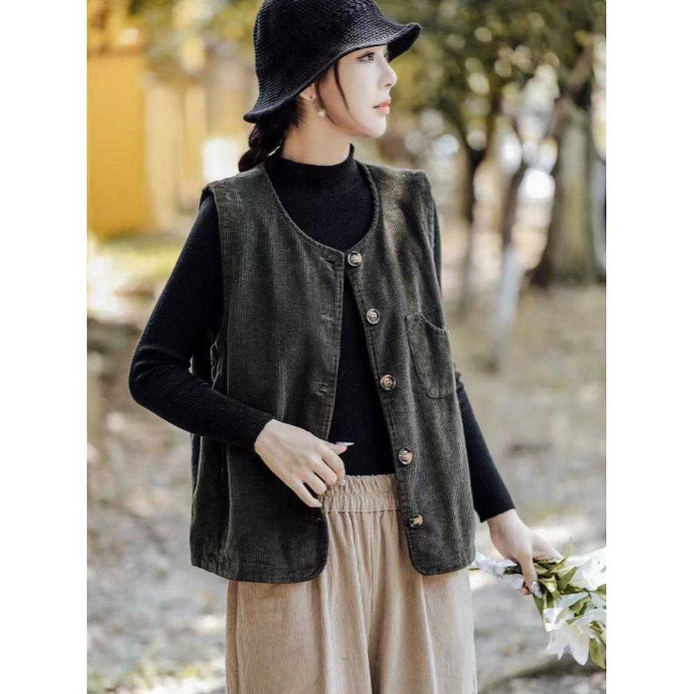 

Dimanaf 2025 Новая короткая вельветовая куртка-жилет Осень Без рукавов Ретро пальто Серые пуговицы Женская однотонная One size