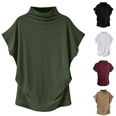 Office Lady Blouse Turtleneck Batwing Sleeves Summer Pure Color Loose-fitting Top for Daily Wear