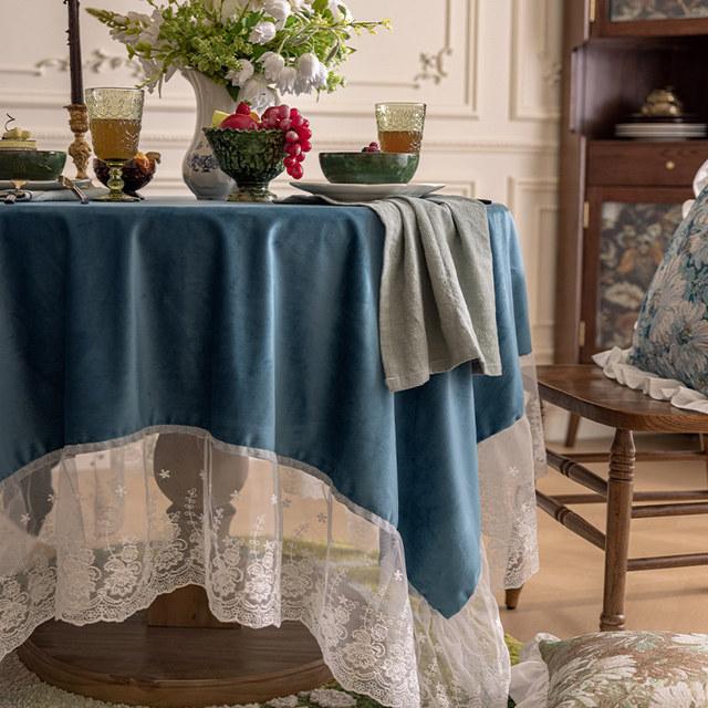 

Роскошная бархатная обеденная скатерть для квадратного круглого стола с кружевом, мягкие чехлы для журнальных столиков, вечеринки, домашнего декора, однотонные 120x120cm-Square синий