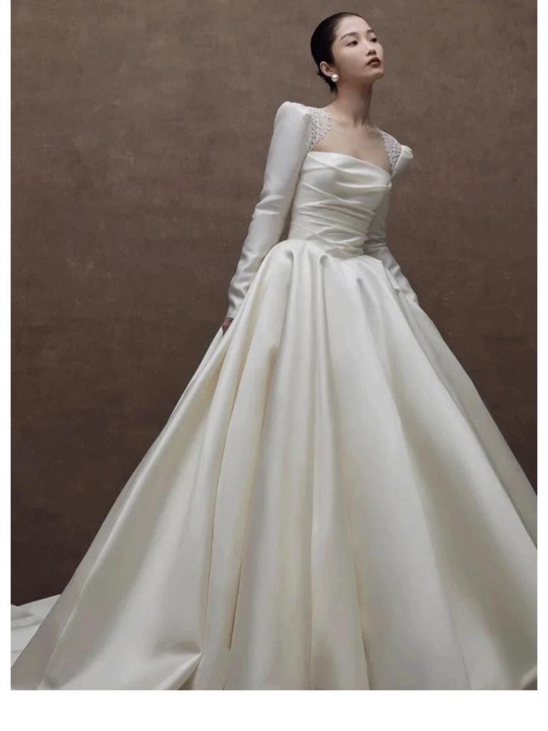 Satin Retro Light Wedding Dress with Small Long Sleeves - 2024 Bridal Collection