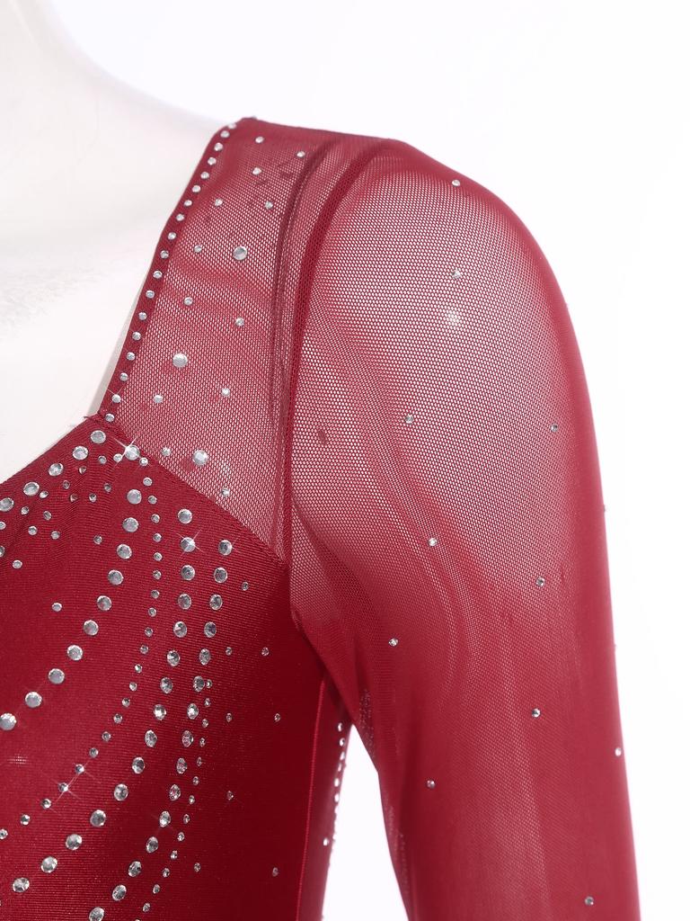 All-in-One Performance Jumpsuit for Women S-XXL: Perfect for Tango, Rumba & Figure Skating with Mesh Sleeves & Open Back