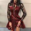 Clubkleid Durchsichtig Spitze Blumenstickerei A-Linie Großer Saum Slim Fit Stehkragen Über Knie Langärmlig Lockerer Saum Mini-Kleid für Dates