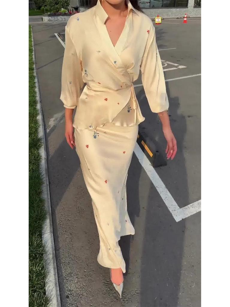 2025 New Fashion: Elegant Satin Long Sleeve Tie-Up Top & Midi Skirt