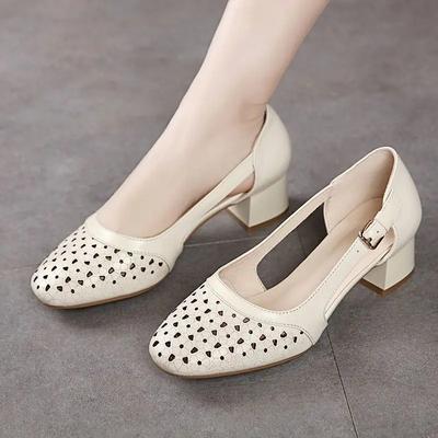 Zapatos de Mujer con Tacón Medio Verano 2024 Sandalias Cerradas para Mujer Calzado de Piel Oficina Trabajo Cuadrado Beige Diario Confort FH